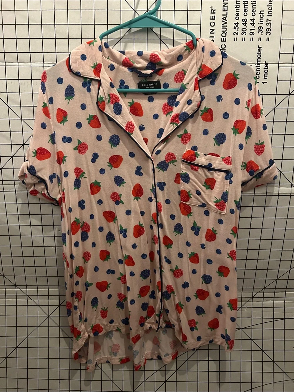 Kate Spade Pink Short-Sleeve Button-Down Top with Red & Blue Fruit Print